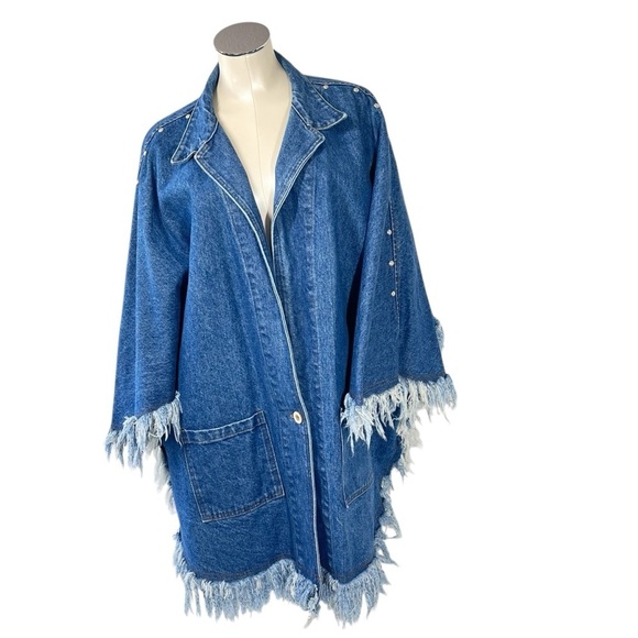 VTG CELE'S COLLECTION Silver Stud Denim Fringe Poncho Jacket Women's Size L - Picture 2 of 16